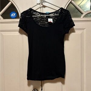 Ambiance Black Scoop Neck Top with Lace Shoulders